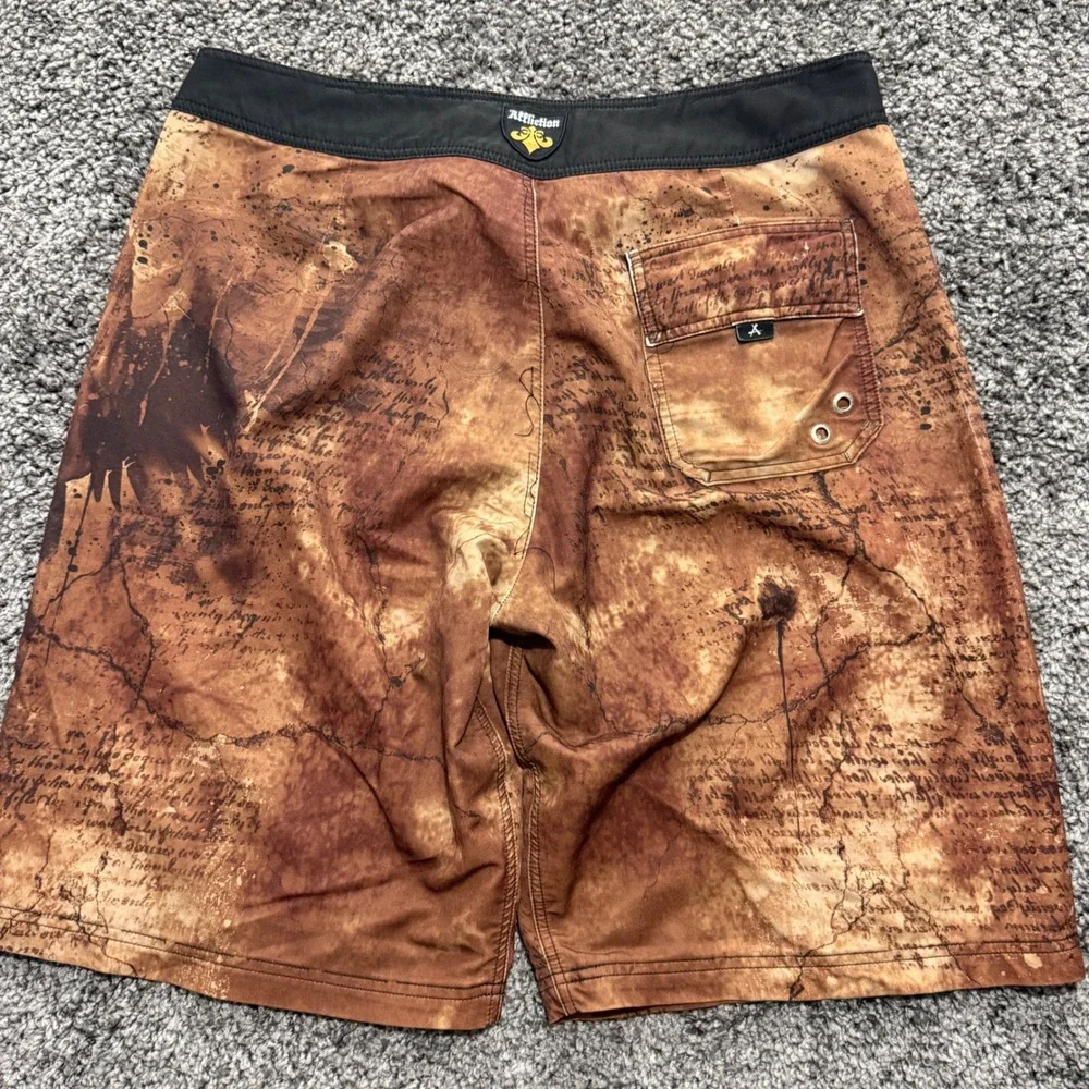 Y2K Affliction Board Shorts Mens Brown Script Graphic Swim Trunks Excellent 34